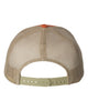 YP Classics 6606 retro trucker hat in Rustic Orange/ Khaki with custom laser engraved Hermann Oak leather patch, back view