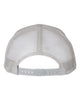 YP Classics 6606 retro trucker hat in Silver with custom laser engraved Hermann Oak leather patch, back view