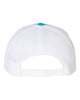 YP Classics 6606 retro trucker hat in Turquoise/ White with custom laser engraved Hermann Oak leather patch, back view