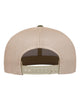YP Classics 6609 retro high profile trucker hat in Moss Green/ Khaki with custom laser engraved Hermann Oak leather patch, back view