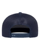 YP Classics 6609 retro high profile trucker hat in Navy with custom laser engraved Hermann Oak leather patch, back view