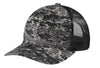 A black digi camo patterned snapback trucker cap with a structured design and a 7 position adjustable snapback closure.